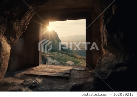 View from the stone inhabited cave on the natural landscape made with generative AI View from the stone inhabited cave on the natural landscape made with generative AI 102059212