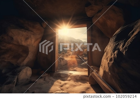 View from the stone inhabited cave on the natural landscape made with generative AI 102059214