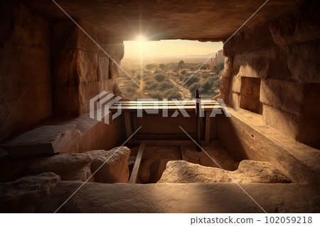 View from the stone inhabited cave on the natural landscape made with generative AI View from the stone inhabited cave on the natural landscape made with generative AI 102059218