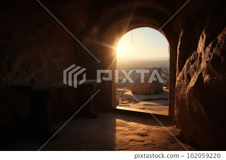 View from the stone inhabited cave on the natural landscape made with generative AI View from the stone inhabited cave on the natural landscape made with generative AI 102059220