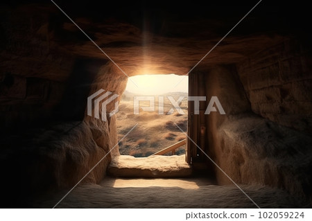 View from the stone inhabited cave on the natural landscape made with generative AI 102059224