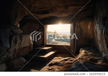 View from the stone inhabited cave on the natural landscape made with generative AI View from the stone inhabited cave on the natural landscape made with generative AI 102059225