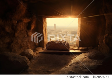 View from the stone inhabited cave on the panoramic city landscape made with generative AI 102059235