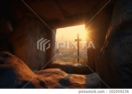 Empty tomb with crucifix at dawn. Resurrection concept made with generative AI 102059236