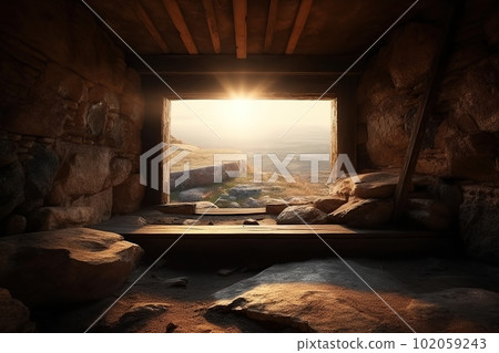 View from the stone inhabited cave on the natural fog panoramic landscape made with generative AI 102059243