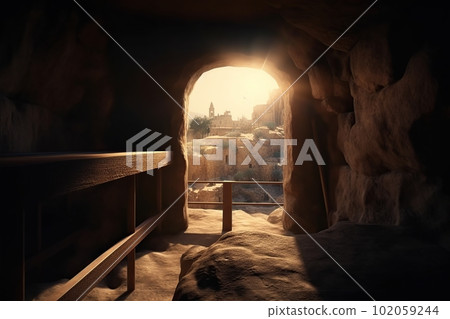 View from the stone inhabited cave on the old city landscape made with generative AI 102059244