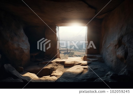 View from the stone inhabited cave on the panoramic natural landscape made with generative AI View from the stone inhabited cave on the panoramic natural landscape made with generative AI 102059245