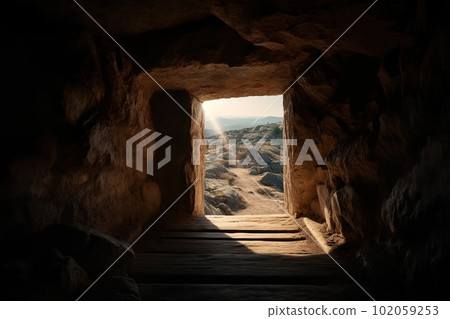 View from the stone inhabited cave on the natural mountain landscape made with generative AI View from the stone inhabited cave on the natural mountain landscape made with generative AI 102059253