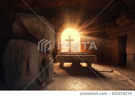 Empty tomb with crucifix at dawn. Resurrection concept made with generative AI Empty tomb with crucifix at dawn. Resurrection concept made with generative AI 102059254