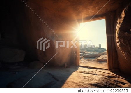 View from the stone inhabited cave on the natural landscape made with generative AI View from the stone inhabited cave on the natural landscape made with generative AI 102059255