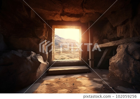 View from the stone inhabited cave on the natural landscape made with generative AI 102059256