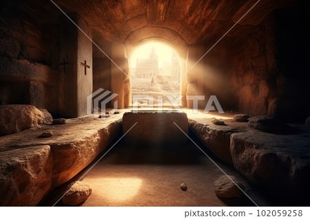 View from a stone cave with crosses on the walls to an ancient ruined city made with generative AI 102059258