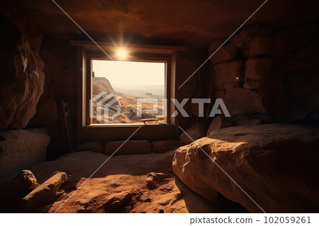 View from the stone inhabited cave on the natural landscape made with generative AI View from the stone inhabited cave on the natural landscape made with generative AI 102059261