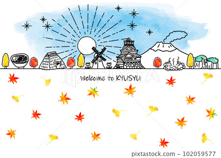 九州秋季生態旅遊形象城市景觀和旅遊景點的秋葉 102059577