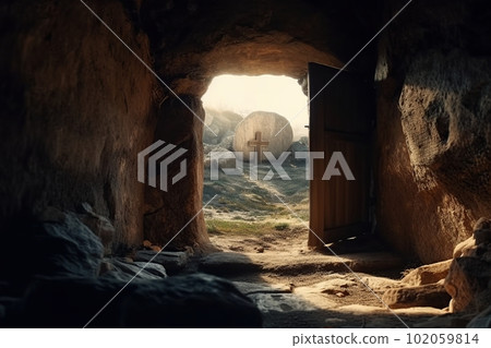 Inhabited stone cave at sunrise made with generative AI Inhabited stone cave at sunrise made with generative AI 102059814
