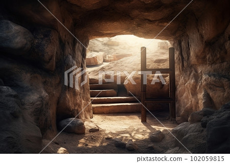 View from the stone inhabited cave on the natural landscape made with generative AI View from the stone inhabited cave on the natural landscape made with generative AI 102059815
