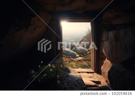 View from the stone inhabited cave on the natural landscape made with generative AI View from the stone inhabited cave on the natural landscape made with generative AI 102059816