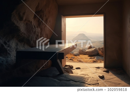 View from the stone inhabited cave on the natural landscape made with generative AI View from the stone inhabited cave on the natural landscape made with generative AI 102059818