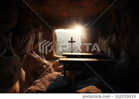 Empty tomb with crucifix at dawn. Resurrection concept made with generative AI 102059819