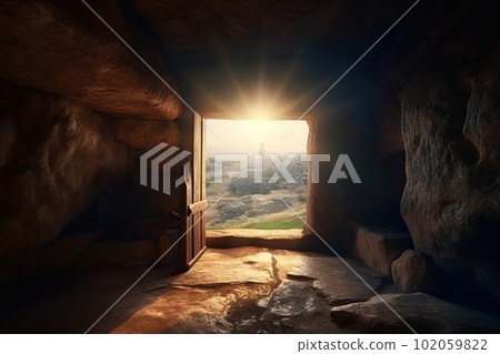 View from the stone inhabited cave on the natural landscape made with generative AI 102059822