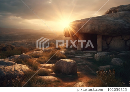 Inhabited stone cave at sunrise made with generative AI Inhabited stone cave at sunrise made with generative AI 102059823