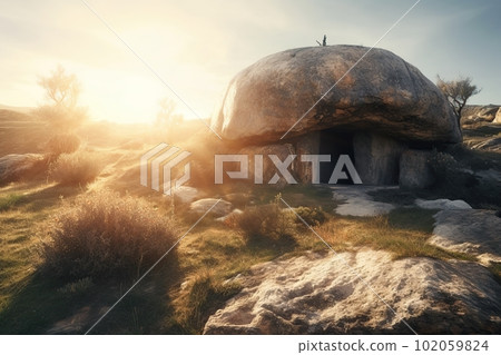 Inhabited stone cave at sunrise made with generative AI 102059824