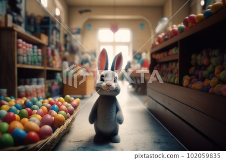 Cartoon easter bunny and colored eggs in the store made with generative AI Cartoon easter bunny and colored eggs in the store made with generative AI 102059835
