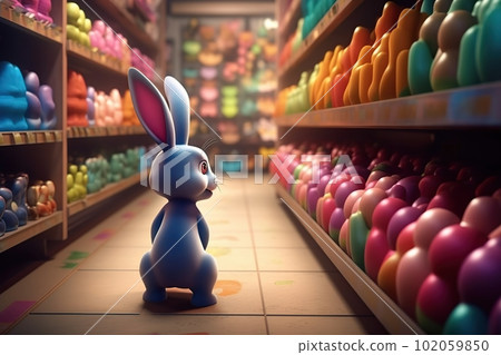 Cartoon easter bunny and colored eggs in the store made with generative AI Cartoon easter bunny and colored eggs in the store made with generative AI 102059850