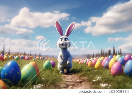 Cartoon easter bunny and colored eggs outdoors made with generative AI 102059884