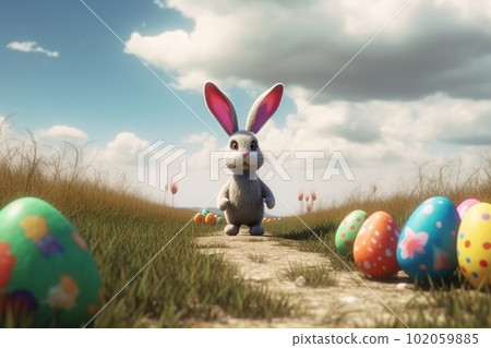 Cartoon easter bunny and colored eggs outdoors made with generative AI 102059885