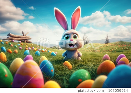 Cartoon easter bunny and colored eggs outdoors made with generative AI Cartoon easter bunny and colored eggs outdoors made with generative AI 102059914