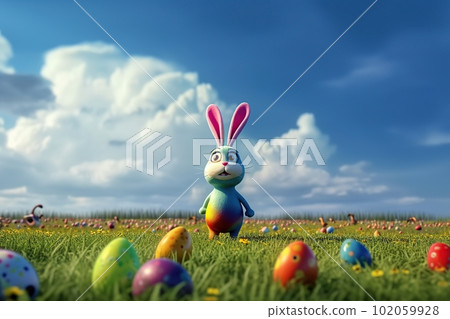 Cartoon easter bunny and colored eggs outdoors made with generative AI Cartoon easter bunny and colored eggs outdoors made with generative AI 102059928
