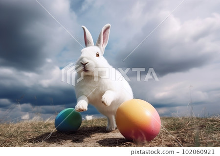 Huge white easter bunny and colored eggs outdoors made with generative AI Huge white easter bunny and colored eggs outdoors made with generative AI 102060921