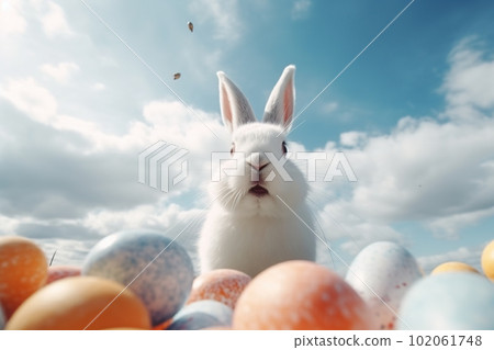 Huge white easter bunny and colored eggs outdoors made with generative AI 102061748