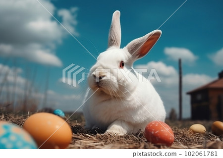 Huge white easter bunny and colored eggs outdoors made with generative AI Huge white easter bunny and colored eggs outdoors made with generative AI 102061781