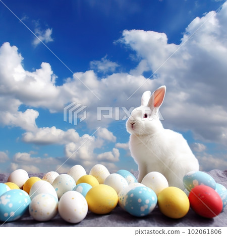Huge white easter bunny and colored eggs outdoors made with generative AI 102061806