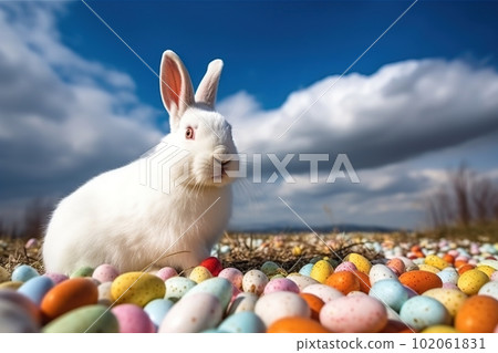 Huge white easter bunny and colored eggs outdoors made with generative AI Huge white easter bunny and colored eggs outdoors made with generative AI 102061831