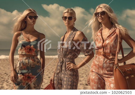 Blonde girls of model appearance in fashionable clothes on the beach made with generative AI 102062503