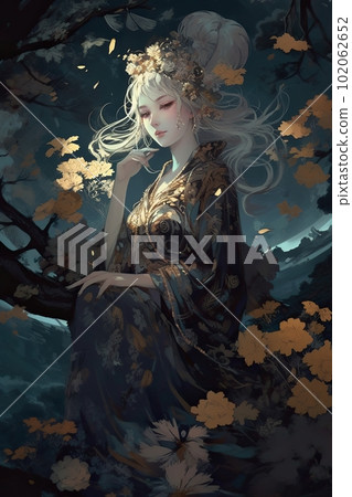 Japanese cartoon anime girl in a kimono dress in a field with flowers on a full moon made with generative AI 102062652