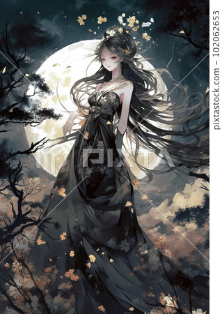 Japanese cartoon anime girl in a kimono dress in a field with flowers on a full moon made with generative AI Japanese cartoon anime girl in a kimono dress in a field with flowers on a full moon made with generative AI 102062653