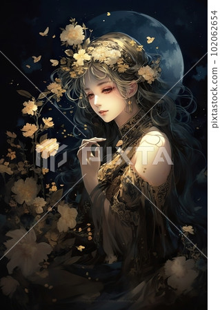 Japanese cartoon anime girl in a kimono dress in a field with flowers on a full moon made with generative AI 102062654