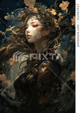 Japanese cartoon anime girl in a kimono dress in a field with flowers on a full moon made with generative AI Japanese cartoon anime girl in a kimono dress in a field with flowers on a full moon made with generative AI 102063417