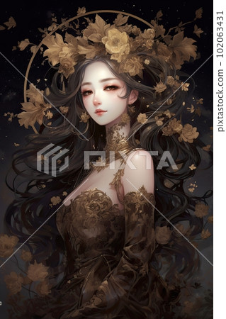 Japanese cartoon anime girl in a kimono dress in a field with flowers on a full moon made with generative AI Japanese cartoon anime girl in a kimono dress in a field with flowers on a full moon made with generative AI 102063431