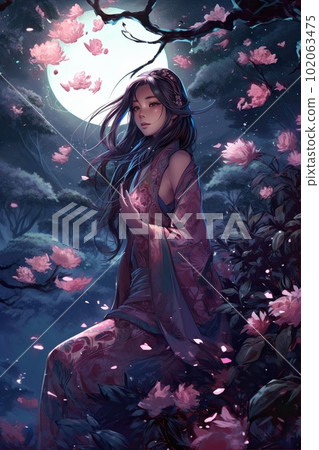 Japanese cartoon anime girl in a kimono dress in a field with sacura on a full moon made with generative AI Japanese cartoon anime girl in a kimono dress in a field with sacura on a full moon made with generative AI 102063475