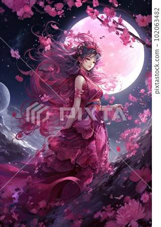 Japanese cartoon anime girl in a kimono dress in a field with sacura on a full moon made with generative AI Japanese cartoon anime girl in a kimono dress in a field with sacura on a full moon made with generative AI 102063482