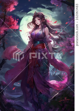 Japanese cartoon anime girl in a kimono dress in a field with sacura on a full moon made with generative AI Japanese cartoon anime girl in a kimono dress in a field with sacura on a full moon made with generative AI 102063483