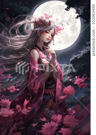 Japanese cartoon anime girl in a kimono dress in a field with sacura on a full moon made with generative AI 102063489