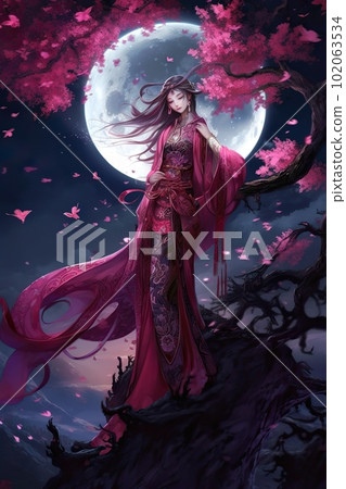 Japanese cartoon anime girl in a kimono dress in a field with sacura on a full moon made with generative AI Japanese cartoon anime girl in a kimono dress in a field with sacura on a full moon made with generative AI 102063534