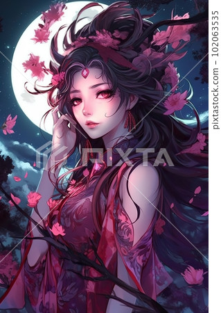 Japanese cartoon anime girl in a kimono dress in a field with sacura on a full moon made with generative AI 102063535