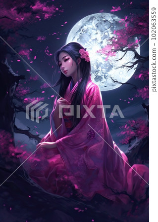 Japanese cartoon anime girl in a kimono dress in a field with sacura on a full moon made with generative AI Japanese cartoon anime girl in a kimono dress in a field with sacura on a full moon made with generative AI 102063559